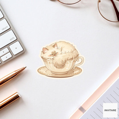 Ragdoll Cat Teacup Sticker, Fluffy Kawaii Sleepy Laptop Bottle Journal Cozy Gift