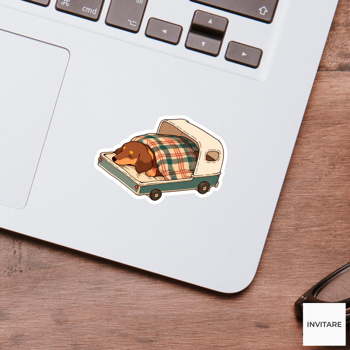 Dachshund Camper Trailer Sticker, Sleepy Kawaii Dog Camping Laptop Planner Gift