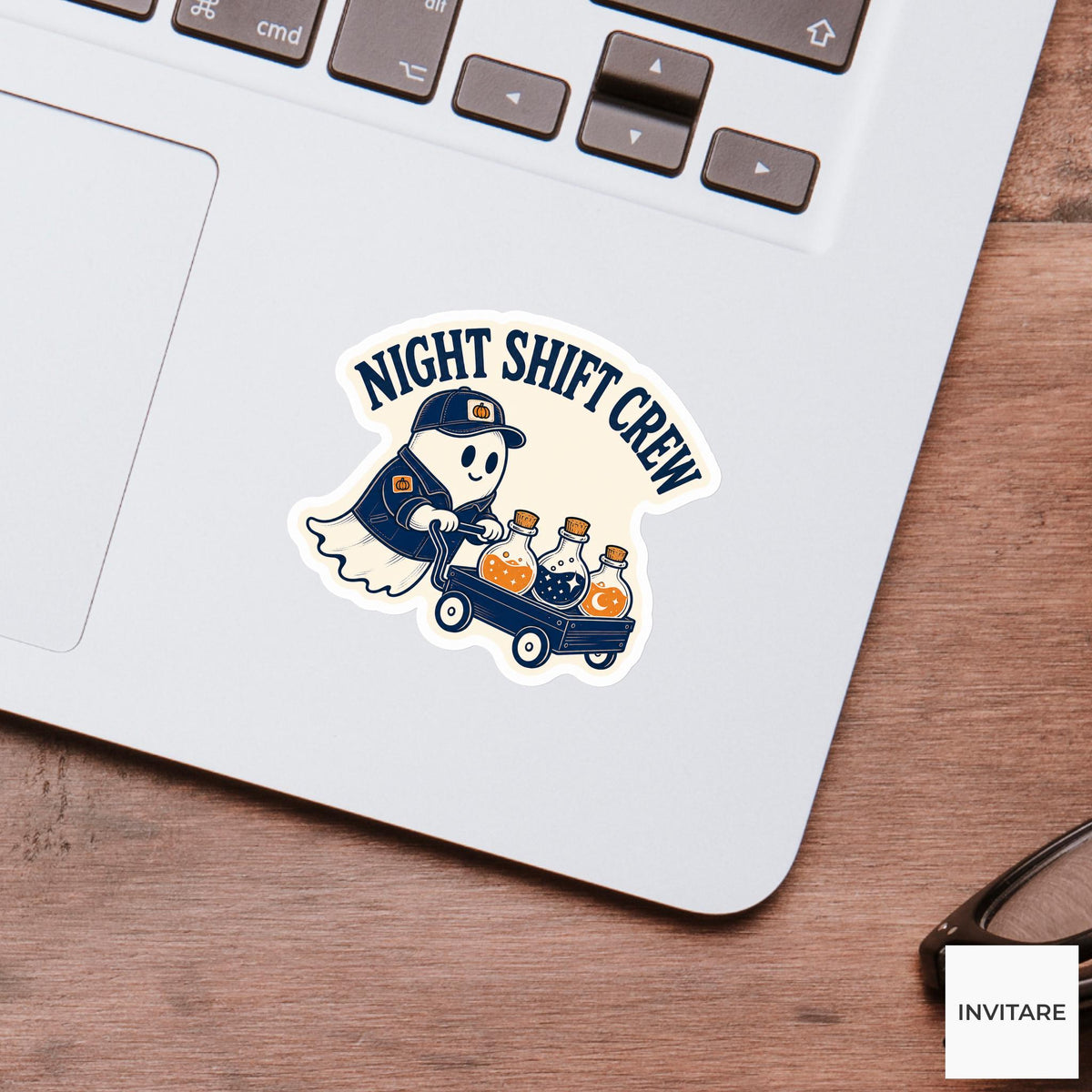 Night Shift Crew Sticker, Funny Spooky Halloween Laptop Bottle Planner Journal Gift