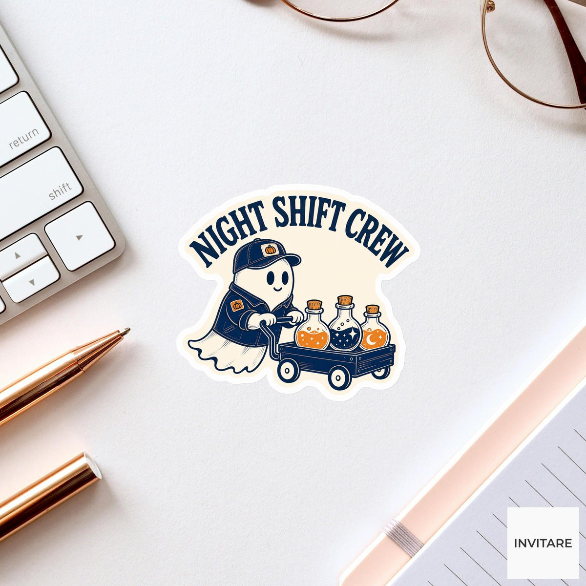 Night Shift Crew Sticker, Funny Spooky Halloween Laptop Bottle Planner Journal Gift