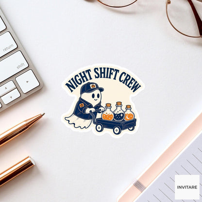 Night Shift Crew Sticker, Funny Spooky Halloween Laptop Bottle Planner Journal Gift