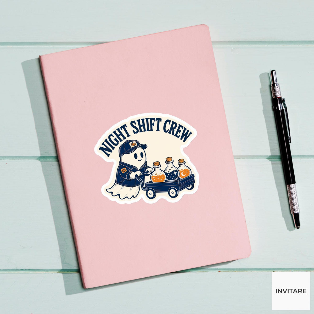 Night Shift Crew Sticker, Funny Spooky Halloween Laptop Bottle Planner Journal Gift