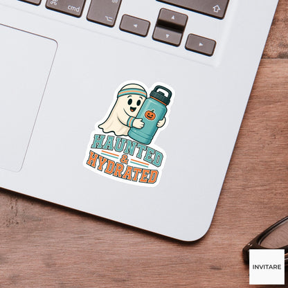 Haunted and Hydrated Sticker, Funny Spooky Halloween Laptop Bottle Planner Journal Gift