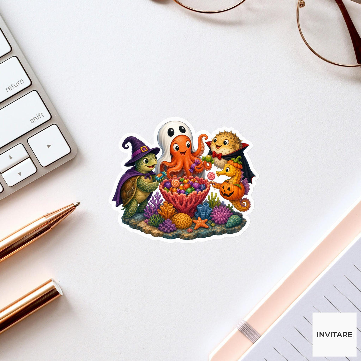 Underwater Trick-or-Treat Reef Sticker, Cute Spooky Halloween Laptop Bottle Planner Journal Gift