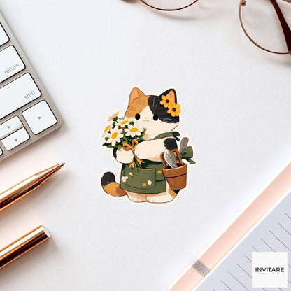 Calico Cat Florist Sticker, Cute Kawaii Laptop Bottle Planner Journal Floral Gift