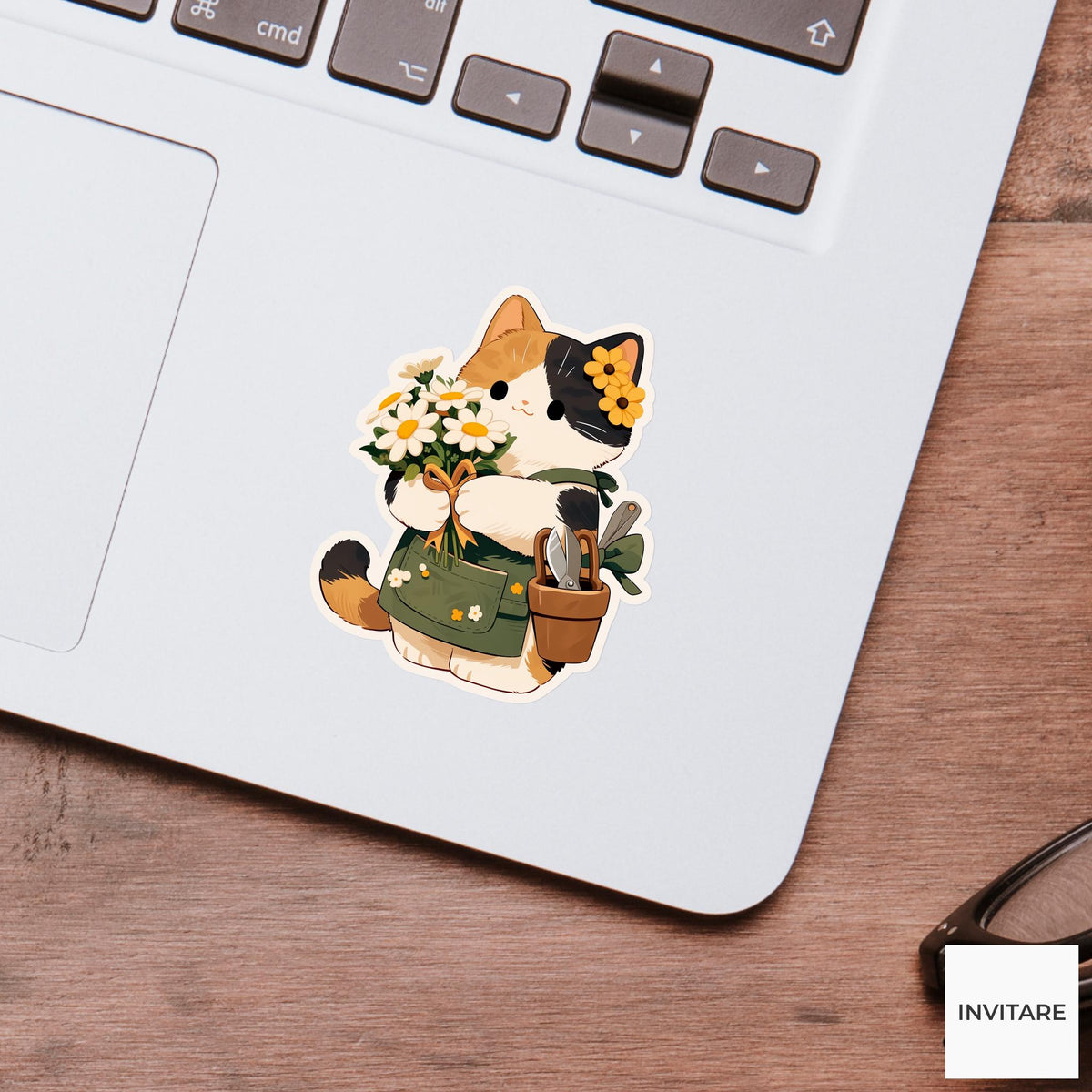 Calico Cat Florist Sticker, Cute Kawaii Laptop Bottle Planner Journal Floral Gift