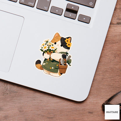 Calico Cat Florist Sticker, Cute Kawaii Laptop Bottle Planner Journal Floral Gift
