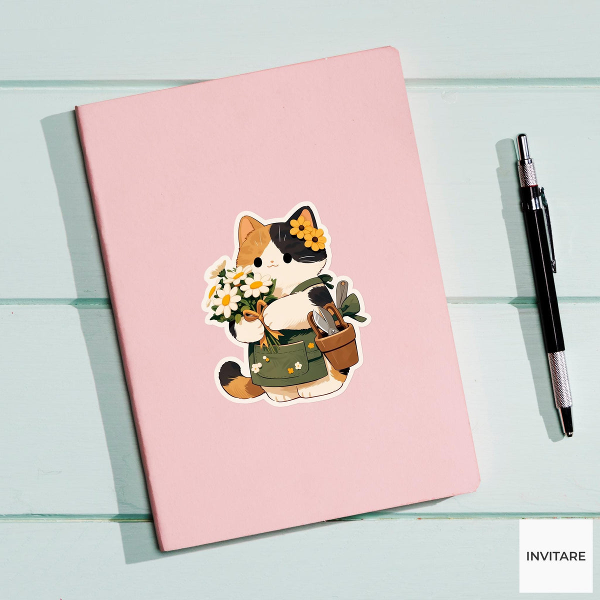 Calico Cat Florist Sticker, Cute Kawaii Laptop Bottle Planner Journal Floral Gift
