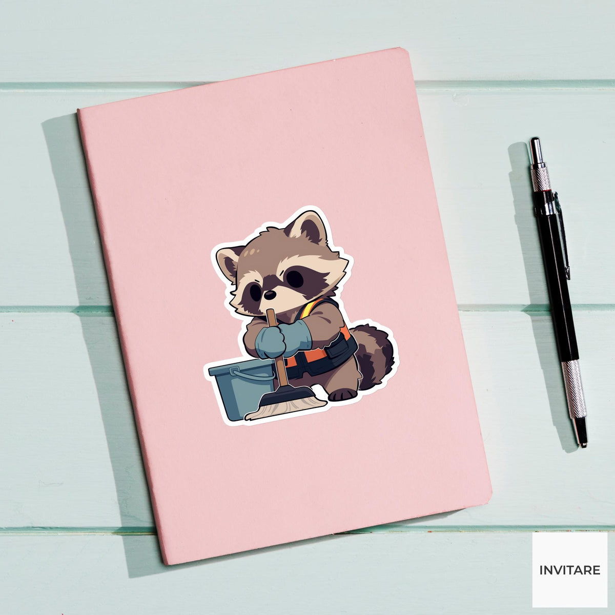 Raccoon Night Shift Janitor Sticker, Cute Kawaii Laptop Bottle Planner Journal Custodian Gift