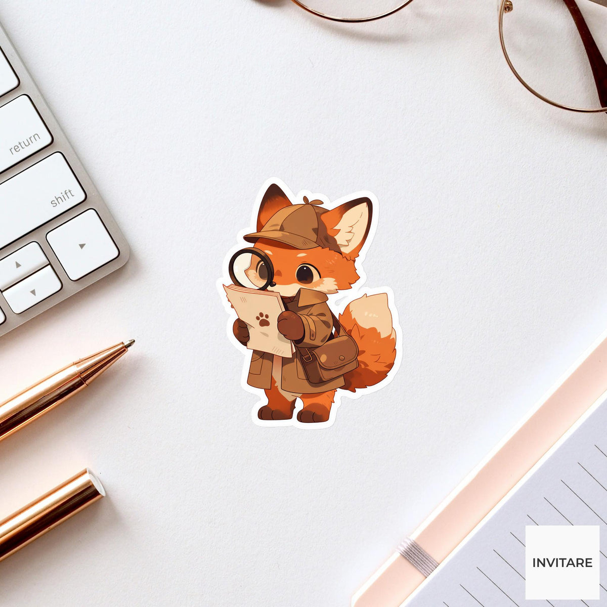 Red Fox Detective Sticker, Cute Kawaii Laptop Bottle Planner Journal Mystery Gift