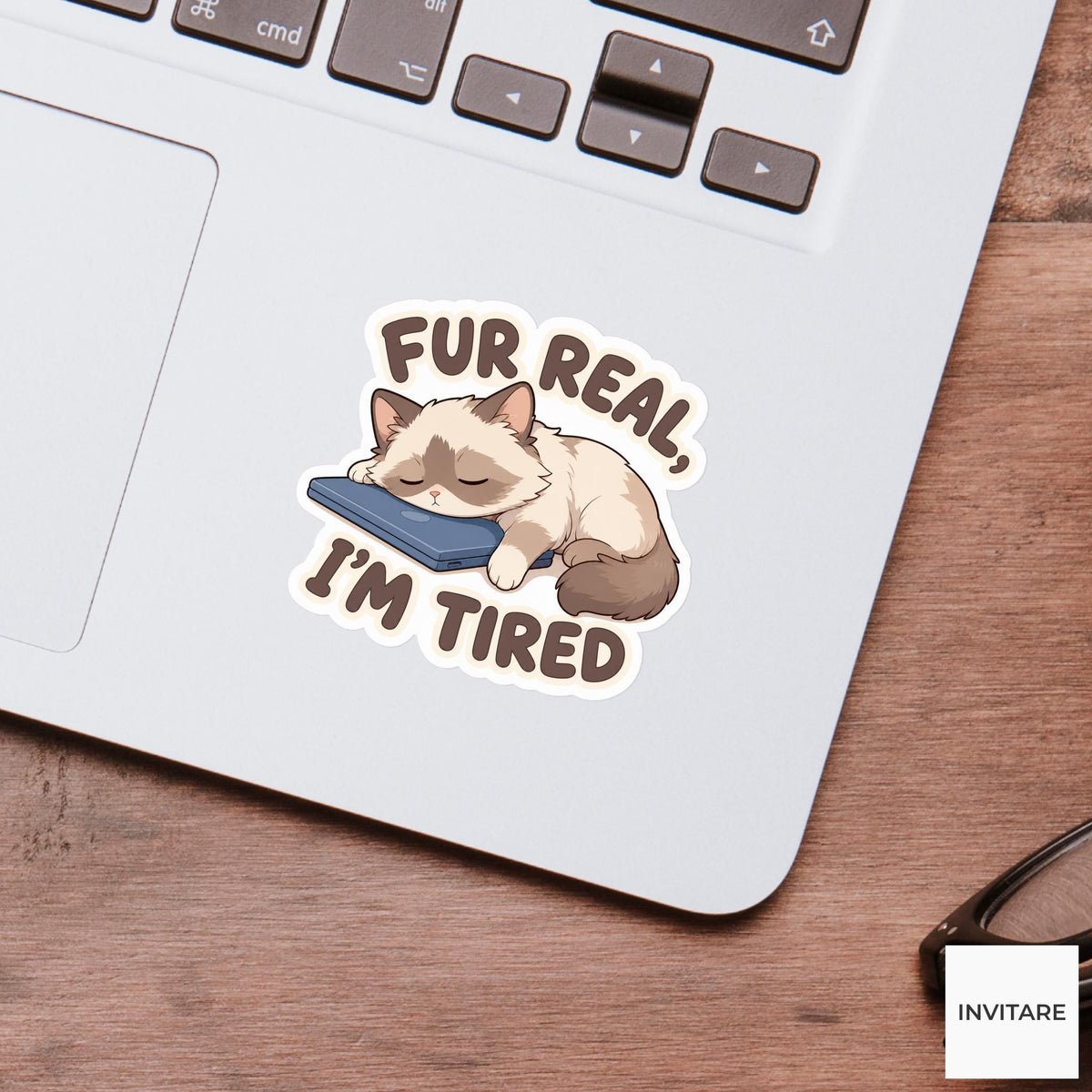 Fur Real I'm Tired Sticker, Funny Sleepy Cat Pun Laptop Gift for Tired Student