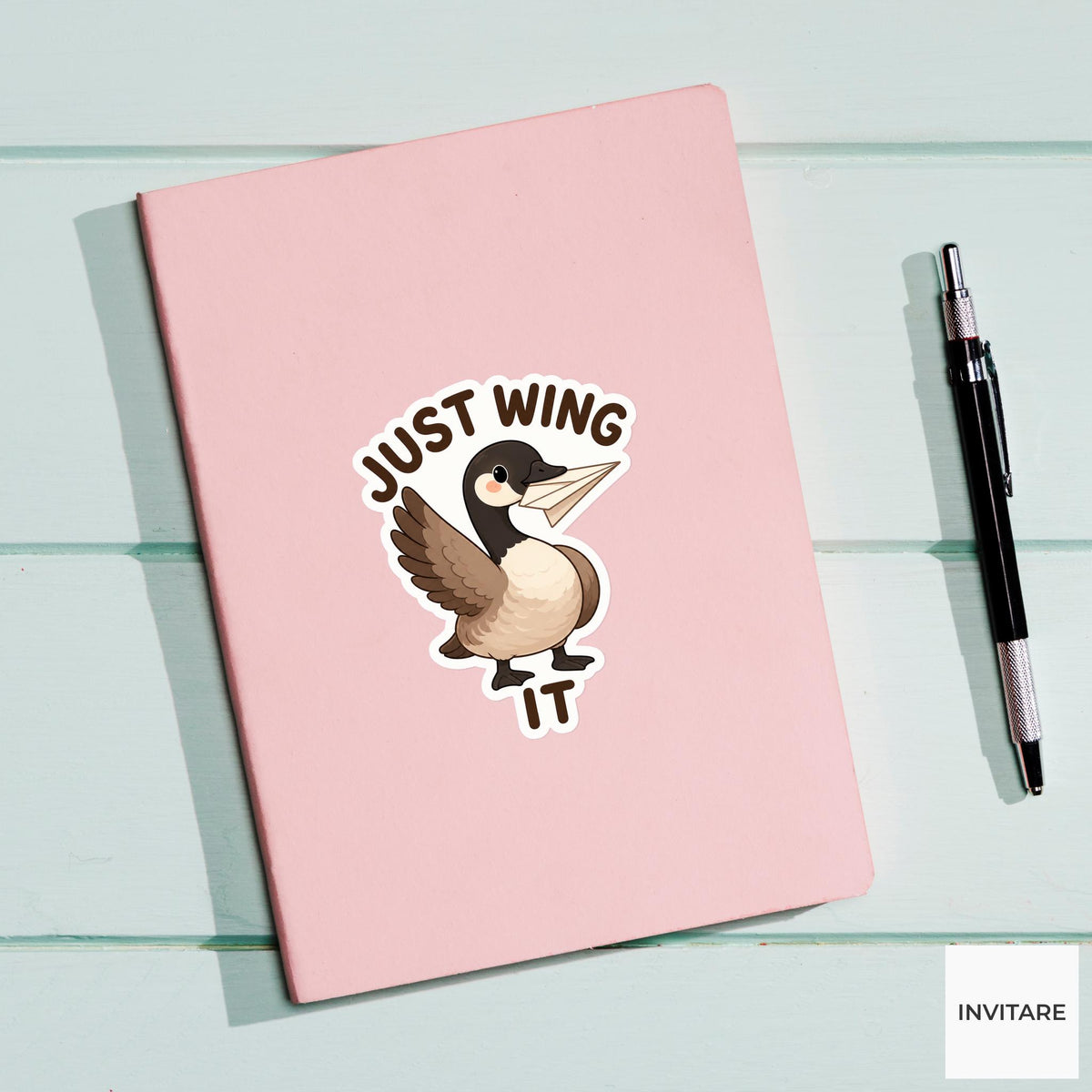 Just Wing It Sticker, Funny Goose Pun Pun Laptop Planner Gift for Creative Friend