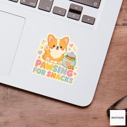 Pawsing for Snacks Sticker, Funny Corgi Snack Pun Laptop Planner Gift for Dog Lover