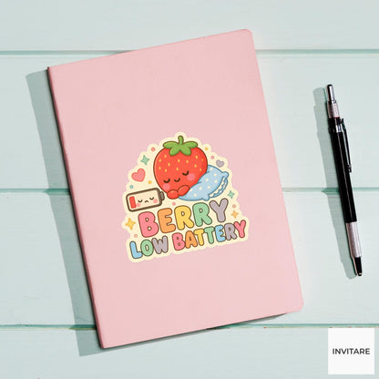 Berry Low Battery Sticker, Funny Strawberry Mood Pun Laptop Planner Gift for Tired Friend