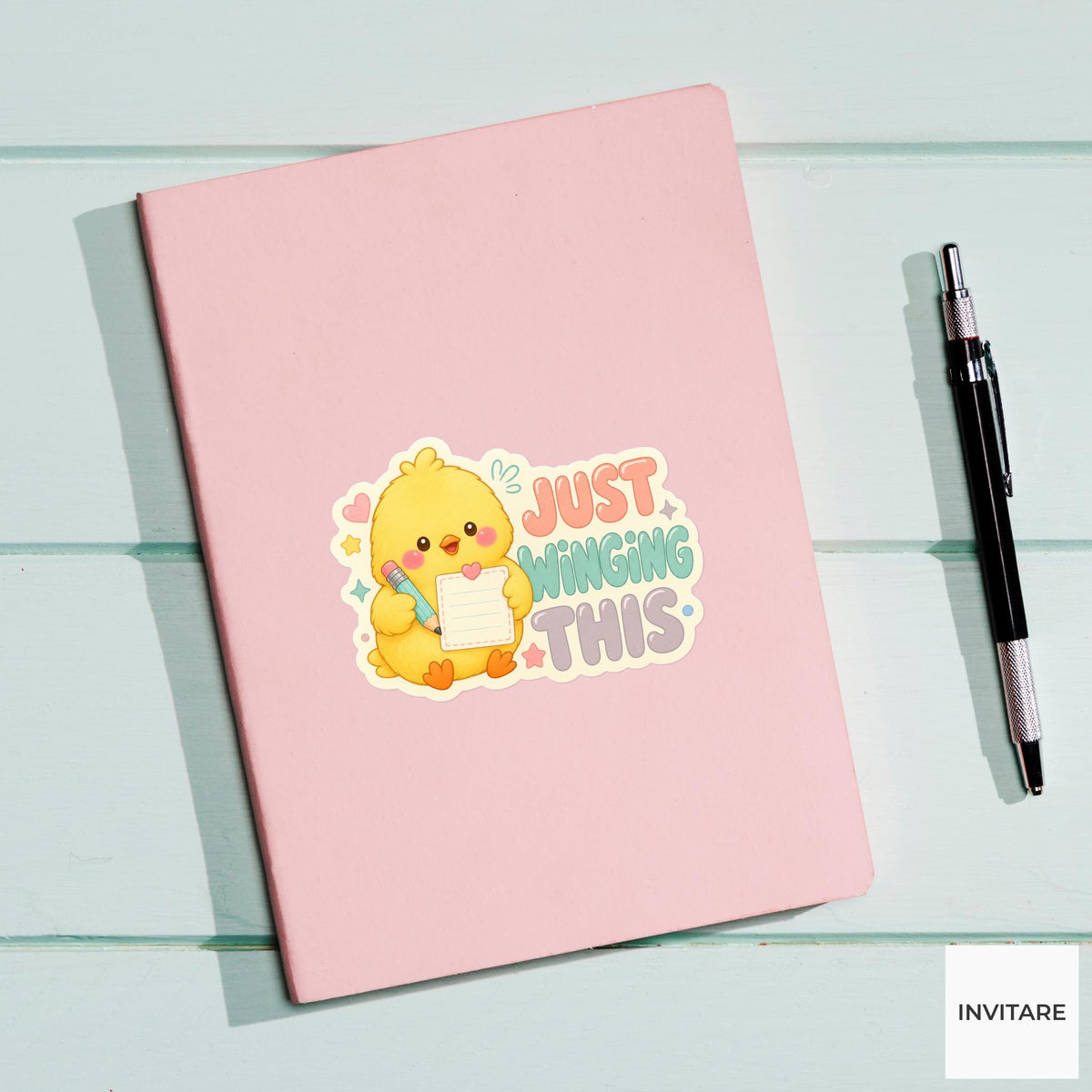 Just Winging This Sticker, Funny Chick Student Pun Laptop Planner Gift for Creative Friend