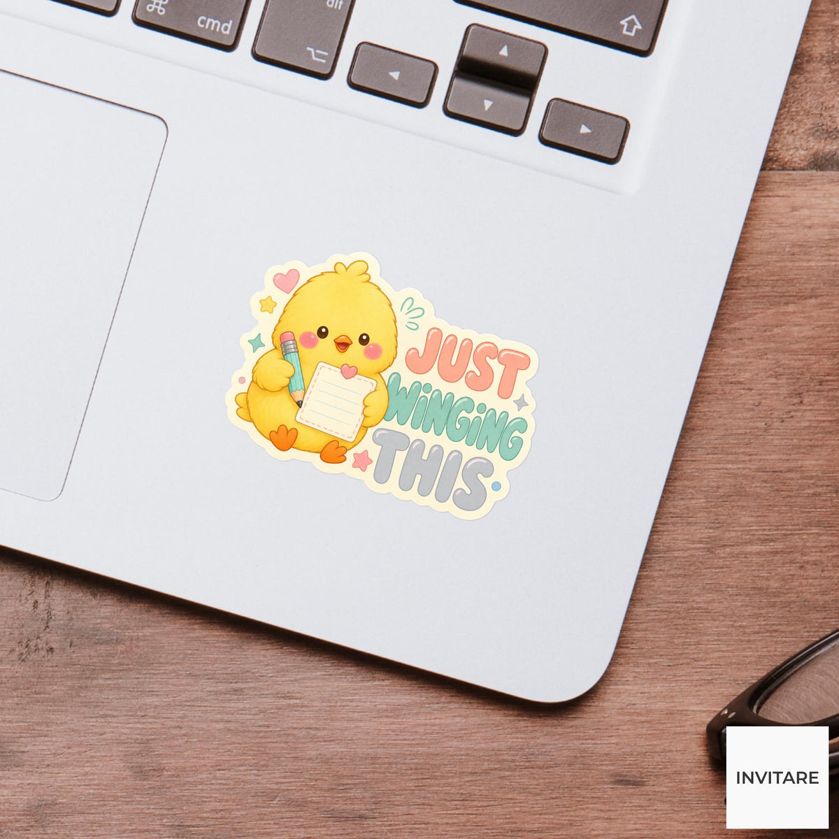 Just Winging This Sticker, Funny Chick Student Pun Laptop Planner Gift for Creative Friend