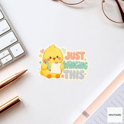 Just Winging This Sticker, Funny Chick Student Pun Laptop Planner Gift for Creative Friend