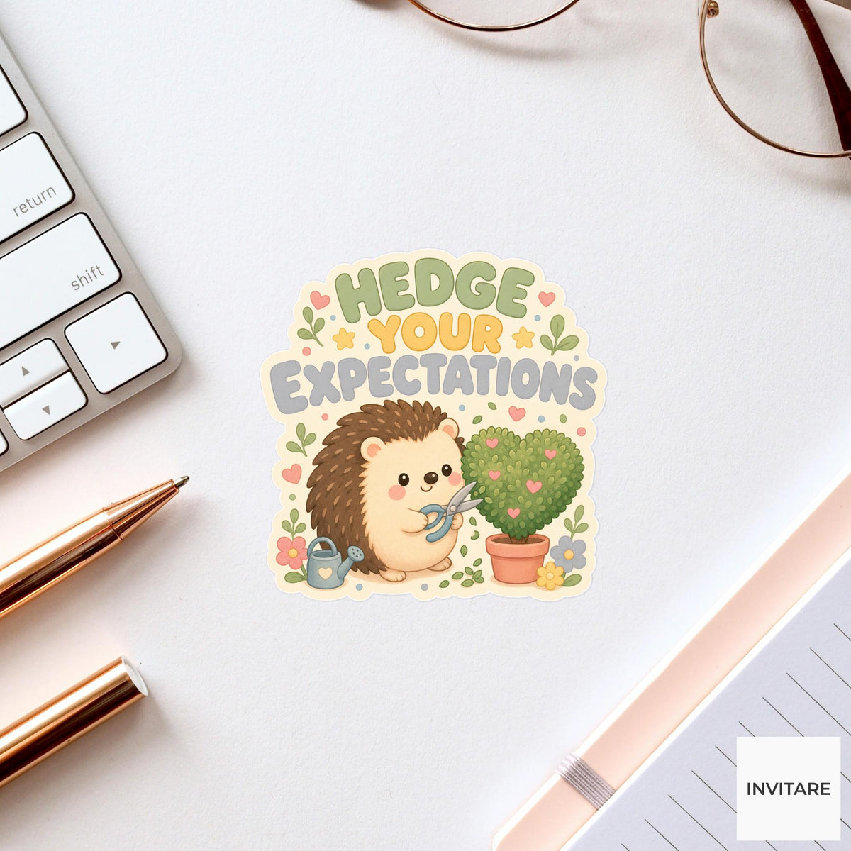 Hedge Your Expectations Sticker, Funny Hedgehog Garden Pun Laptop Planner Gift for Plant Lover