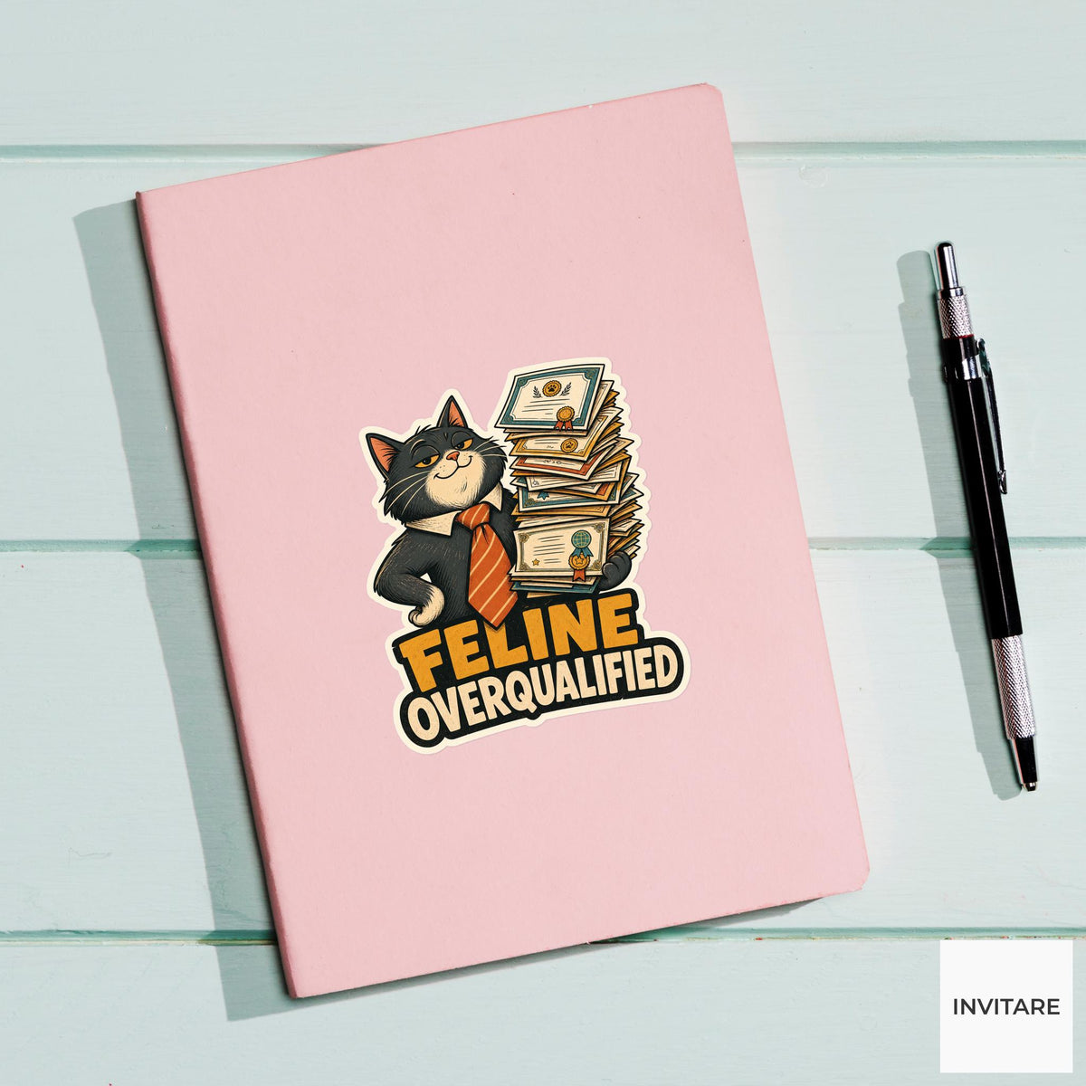 Feline Overqualified Sticker, Funny Office Cat Pun Laptop Planner Gift for Graduate