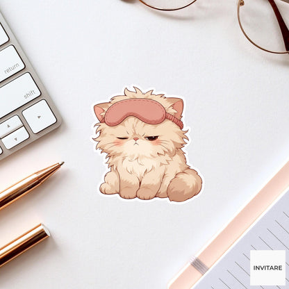 Grumpy Persian Cat Sleep Mask Sticker, Funny Kawaii Laptop Planner Journal Tired Friend Gift