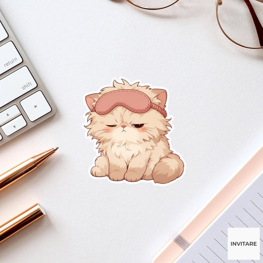 Grumpy Persian Cat Sleep Mask Sticker, Funny Kawaii Laptop Planner Journal Tired Friend Gift