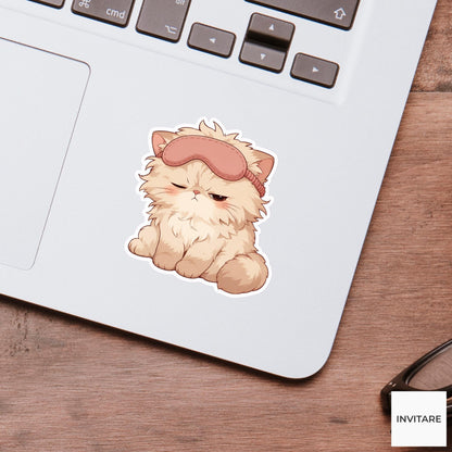 Grumpy Persian Cat Sleep Mask Sticker, Funny Kawaii Laptop Planner Journal Tired Friend Gift