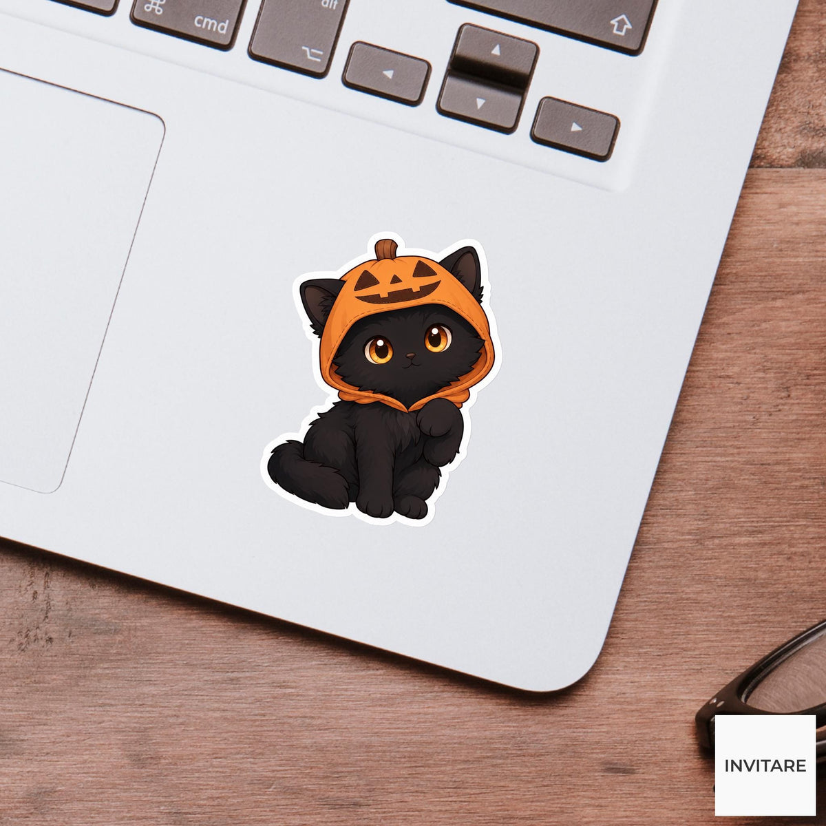 Curious Black Cat Pumpkin Hood Sticker, Cute Kawaii Halloween Laptop Bottle Planner Journal Gift