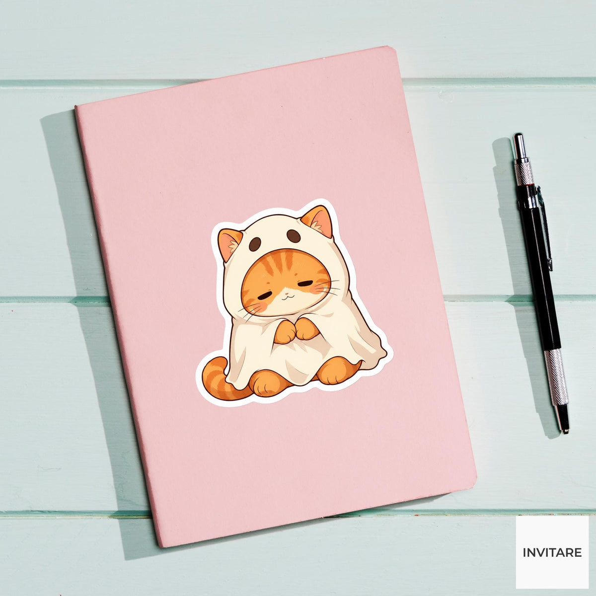Sleepy Orange Tabby Ghost Sticker, Cute Kawaii Animal Halloween Laptop Bottle Planner Journal Gift