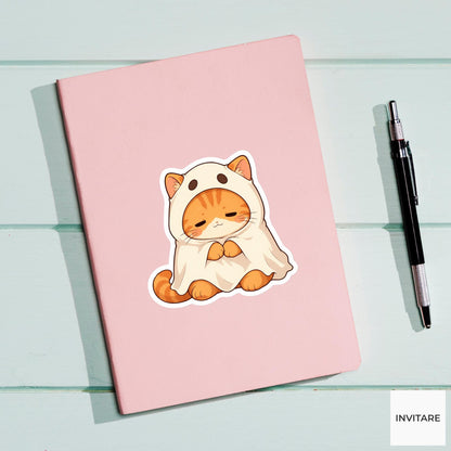 Sleepy Orange Tabby Ghost Sticker, Cute Kawaii Animal Halloween Laptop Bottle Planner Journal Gift