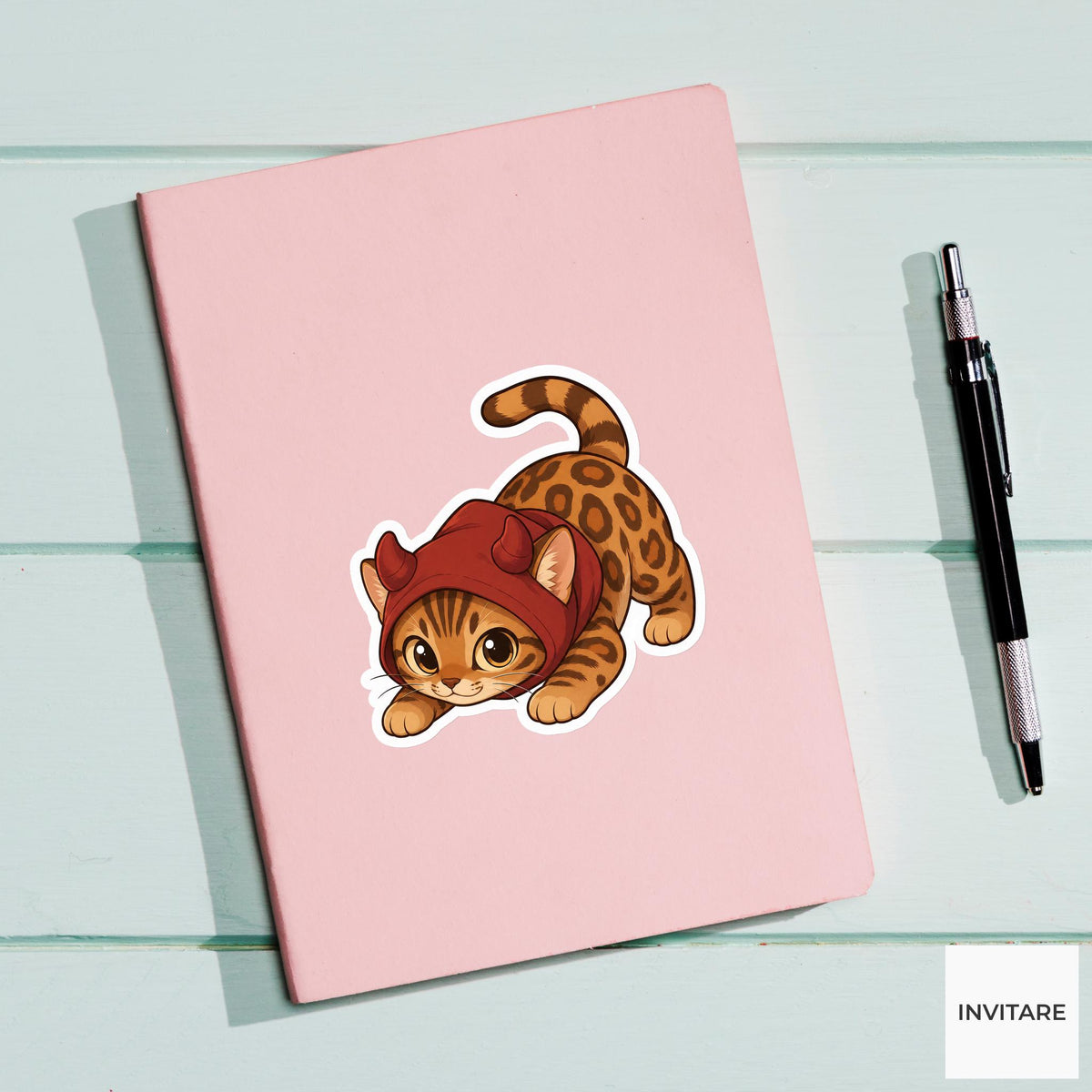 Mischievous Bengal Devil Hood Sticker, Cute Kawaii Animal Halloween Laptop Bottle Planner Journal Gift