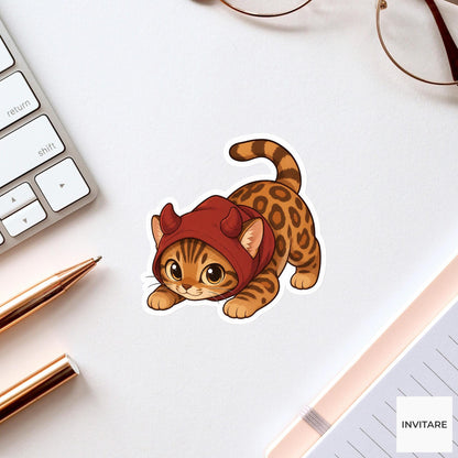 Mischievous Bengal Devil Hood Sticker, Cute Kawaii Animal Halloween Laptop Bottle Planner Journal Gift