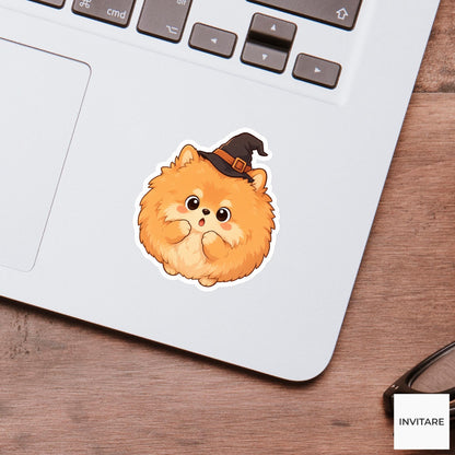 Surprised Pomeranian Witch Hat Sticker, Cute Kawaii Animal Halloween Laptop Bottle Planner Journal Gift