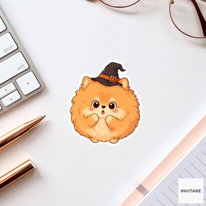 Surprised Pomeranian Witch Hat Sticker, Cute Kawaii Animal Halloween Laptop Bottle Planner Journal Gift