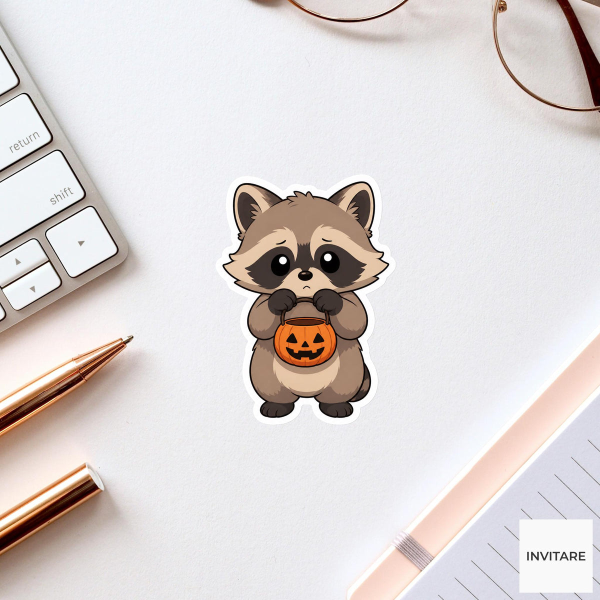 Guilty Raccoon Pumpkin Bucket Sticker, Cute Kawaii Animal Halloween Laptop Bottle Planner Journal Gift