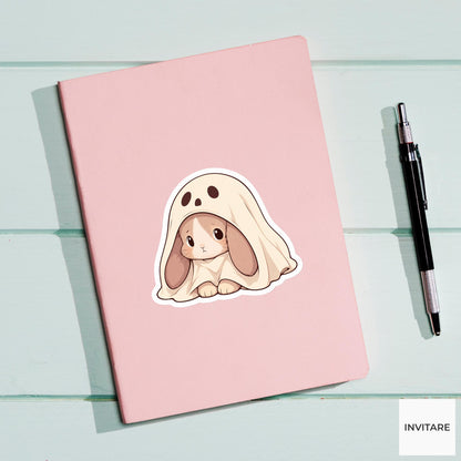 Nervous Lop Rabbit Ghost Costume Sticker, Cute Kawaii Halloween Laptop Bottle Planner Journal Gift