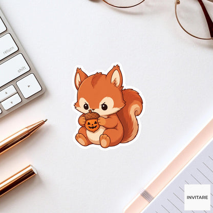 Focused Squirrel Witch Acorn Sticker, Cute Kawaii Animal Halloween Laptop Bottle Planner Journal Gift