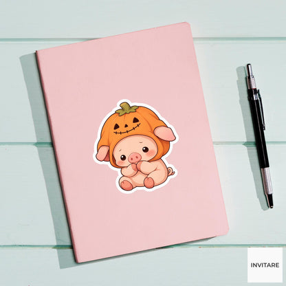 Bashful Piglet Pumpkin Hood Sticker, Cute Kawaii Animal Halloween Laptop Bottle Planner Journal Gift