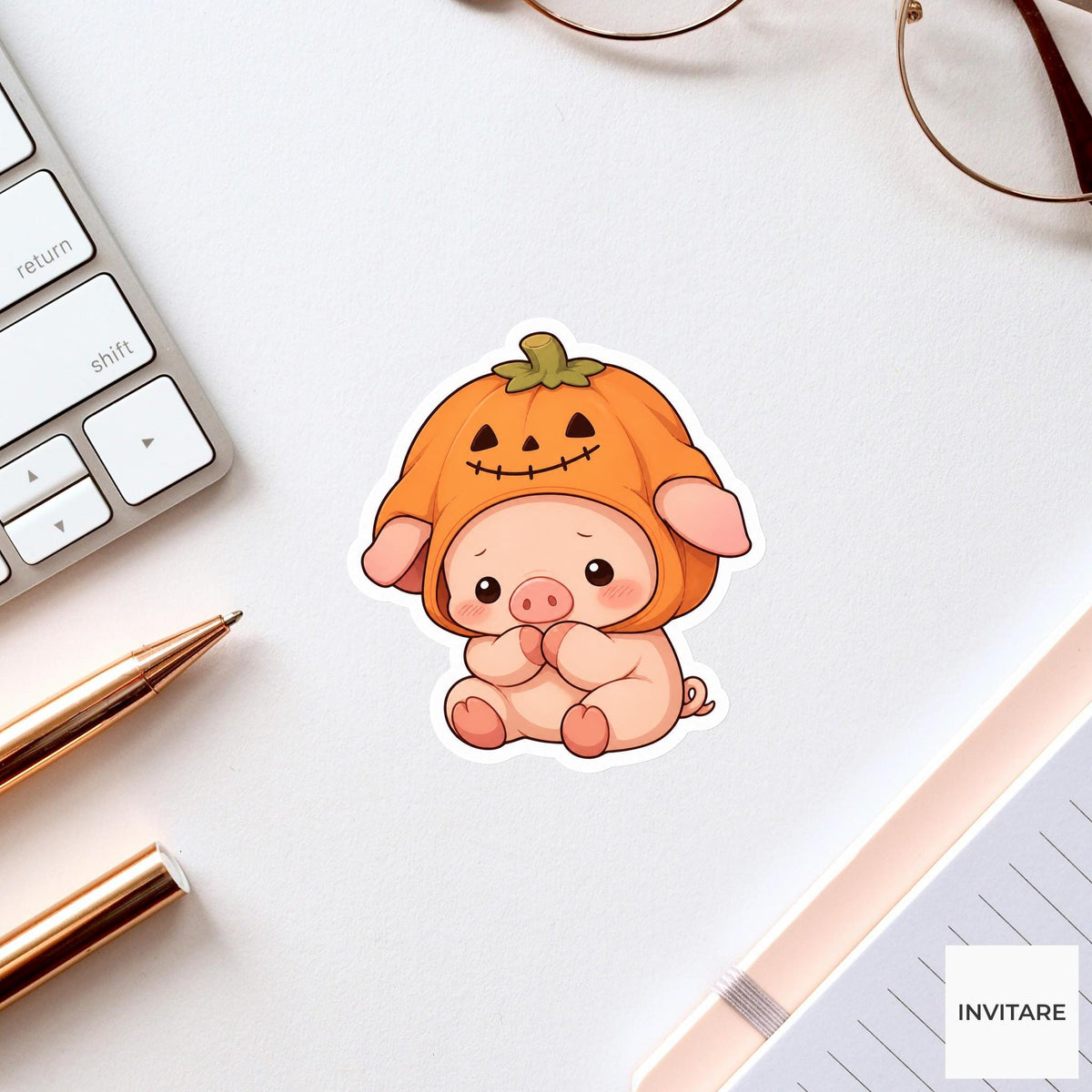 Bashful Piglet Pumpkin Hood Sticker, Cute Kawaii Animal Halloween Laptop Bottle Planner Journal Gift