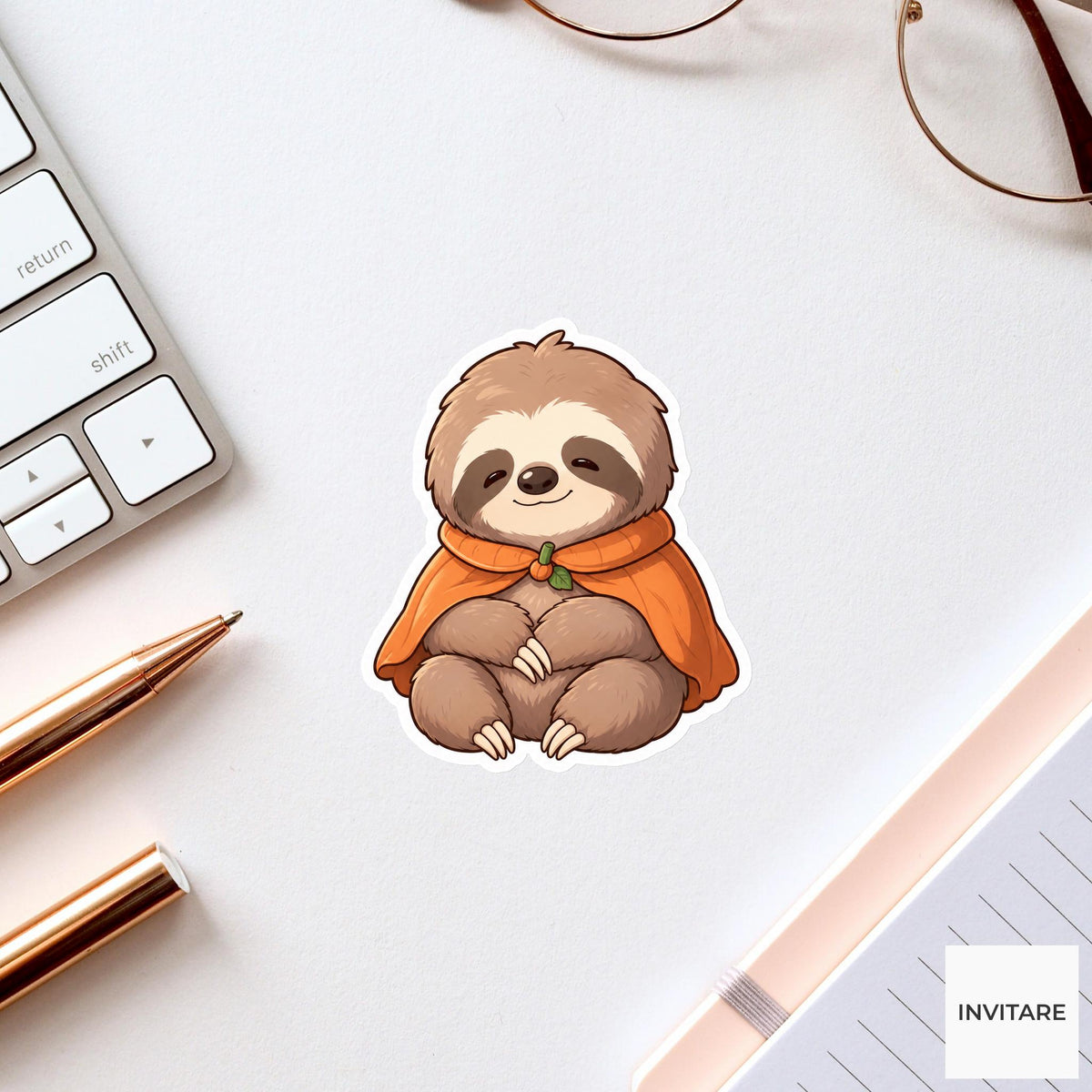 Calm Sloth Pumpkin Cape Sticker, Cute Kawaii Animal Halloween Laptop Bottle Planner Journal Gift