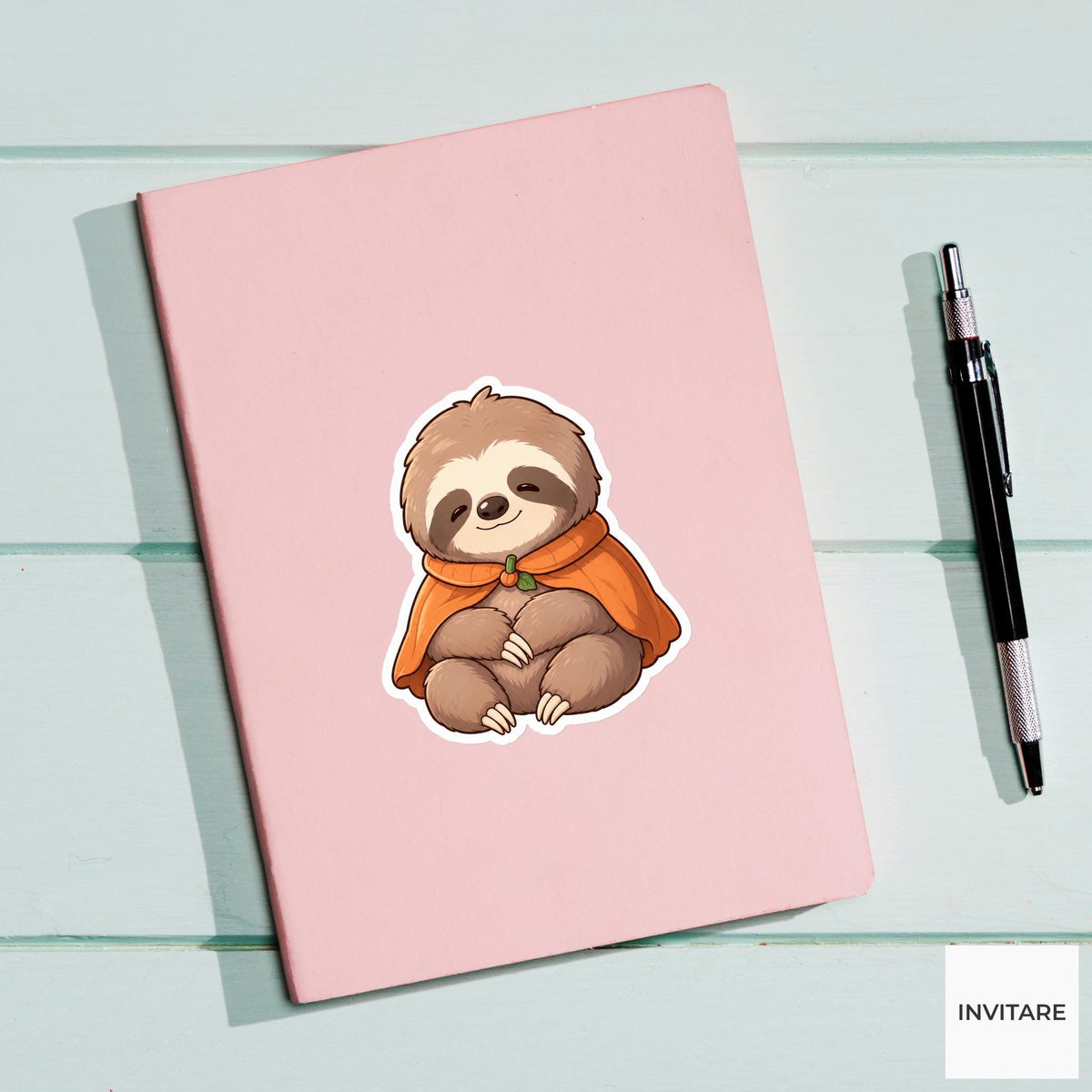 Calm Sloth Pumpkin Cape Sticker, Cute Kawaii Animal Halloween Laptop Bottle Planner Journal Gift