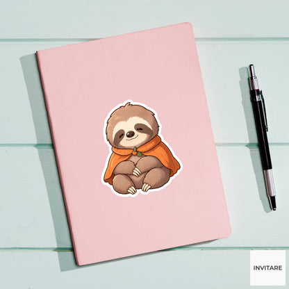 Calm Sloth Pumpkin Cape Sticker, Cute Kawaii Animal Halloween Laptop Bottle Planner Journal Gift