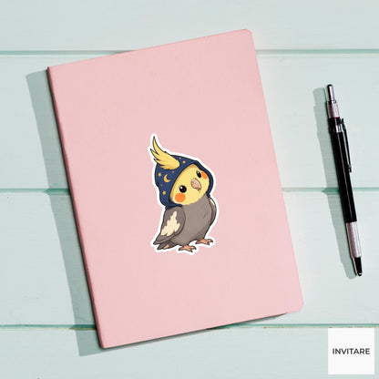 Curious Cockatiel Wizard Hood Sticker, Cute Kawaii Animal Halloween Laptop Bottle Planner Journal Gift
