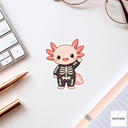 Waving Axolotl Skeleton Costume Sticker, Cute Kawaii Animal Halloween Laptop Bottle Planner Journal Gift