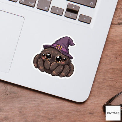 Bashful Jumping Spider Witch Hat Sticker, Cute Kawaii Halloween Laptop Bottle Planner Journal Gift