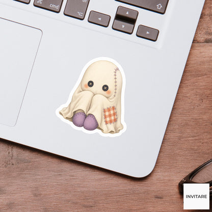Patchwork Ghost Plush Sticker, Cute Spooky Halloween Laptop Bottle Planner Journal Gift