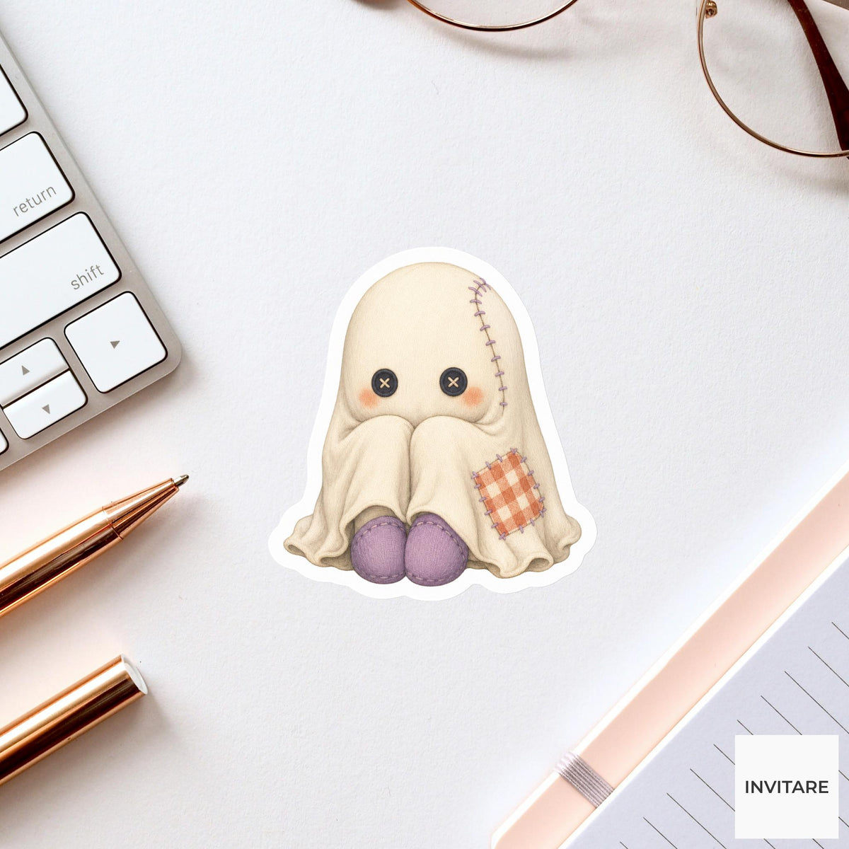 Patchwork Ghost Plush Sticker, Cute Spooky Halloween Laptop Bottle Planner Journal Gift