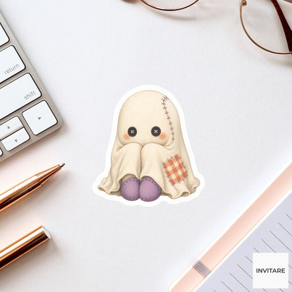 Patchwork Ghost Plush Sticker, Cute Spooky Halloween Laptop Bottle Planner Journal Gift