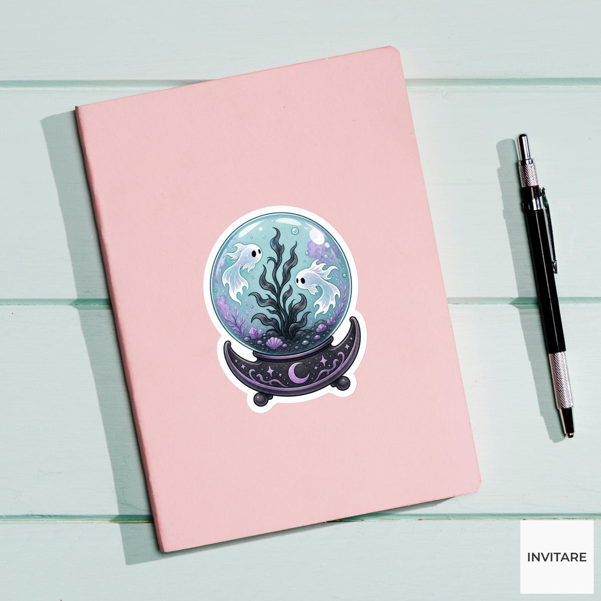 Crystal Ball Ghost Aquarium Sticker, Cute Spooky Halloween Laptop Bottle Planner Journal Gift