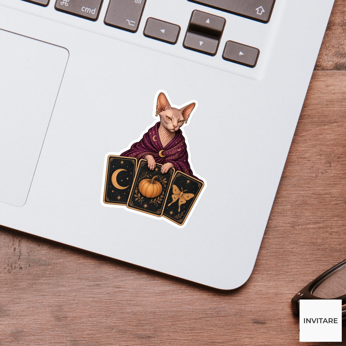 Sphynx Cat Tarot Reader Sticker, Cute Spooky Halloween Laptop Bottle Planner Journal Gift