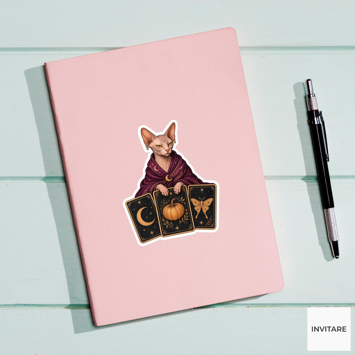 Sphynx Cat Tarot Reader Sticker, Cute Spooky Halloween Laptop Bottle Planner Journal Gift